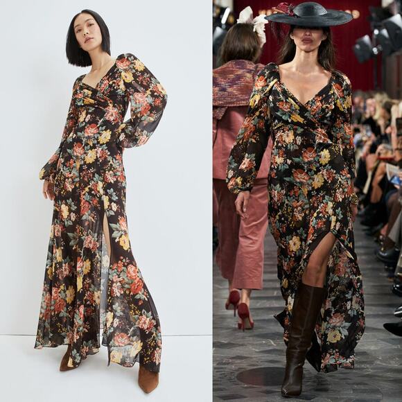 Veronica Beard Avani Floral Maxi Dress US 4 Brown 100% Silk Formal Gown Roses - Picture 2 of 15